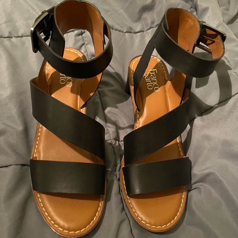 Franco Sarto 2 inch black leather sandals.